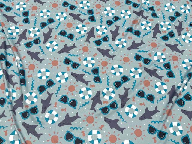250 GSM DBP Brittany Frost Designs Sharks #1022 Double Brushed Polyester Spandex Apparel Stretch Fabric 58"-60" Wide By The Yard