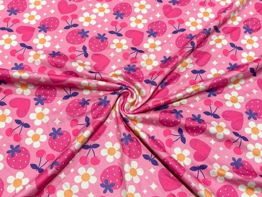 250 GSM DBP Pink Fruits Print #1049 Double Brushed Polyester Spandex Apparel Stretch Fabric 58"-60" Wide By The Yard