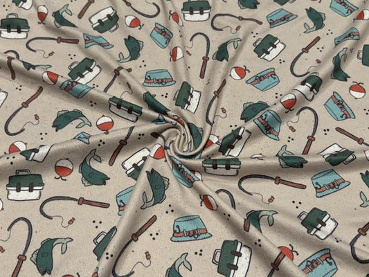Super Scuba Techno Brittany Frost Designs Fishing Print #1025 Knit Stretch Poly Spandex Apparel Fabric 58"-60" Wide By The Yard