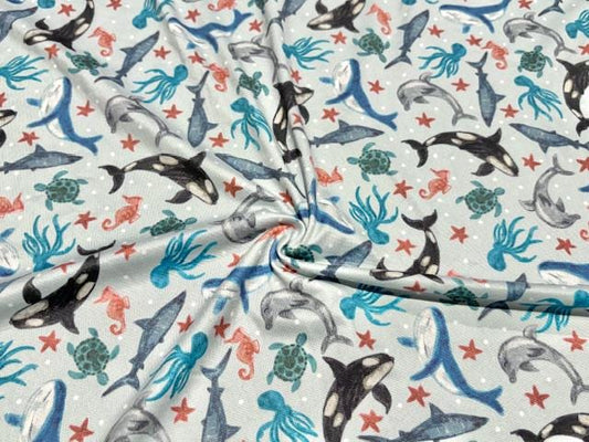 Super Scuba Techno Brittany Frost Designs Sea Animals Print #1033 Knit Stretch Poly Spandex Apparel Fabric 58"-60" Wide By The Yard
