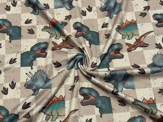 Swimwear Fabric Brittany Frost Designs Dino Checkerboard Activewear Print #1056 Polyester Spandex Stretch By The Yard