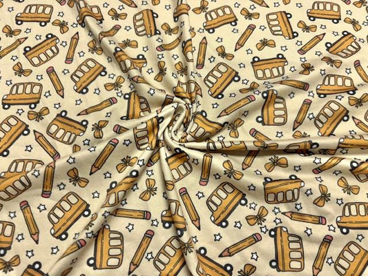 Super Scuba Techno Brittany Frost Designs School Bus Print #1068 Knit Stretch Poly Spandex Apparel Fabric 58"-60" Wide By The Yard