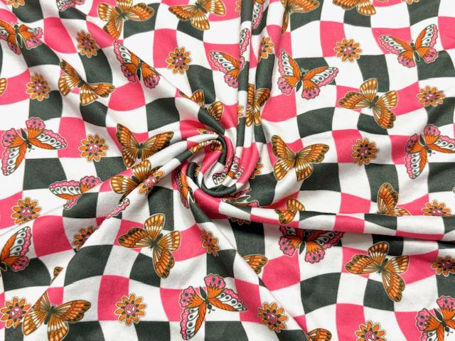 Checkerboard Butterfly DBP Print #1086 Double Brushed Polyester Spandex Apparel Stretch Fabric 190 GSM 58"-60" Wide By The Yard