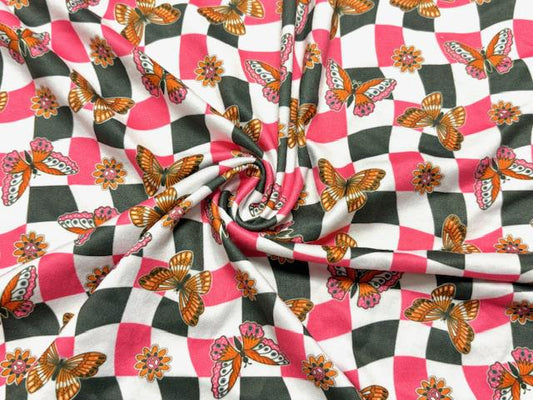 Checkerboard Butterfly DBP Print #1086 Double Brushed Polyester Spandex Apparel Stretch Fabric 190 GSM 58"-60" Wide By The Yard