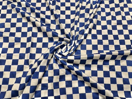 Checkerboard Navy Beige DBP Print #1090 Double Brushed Polyester Spandex Apparel Stretch Fabric 190 GSM 58"-60" Wide By The Yard