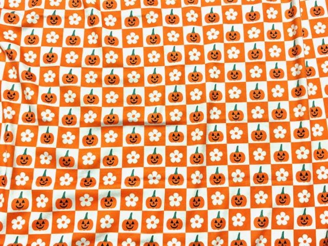 Checkerboard Pumpkin Floral DBP Print #2000 Double Brushed Polyester Spandex Apparel Stretch Fabric 190 GSM 58"-60" Wide By The Yard
