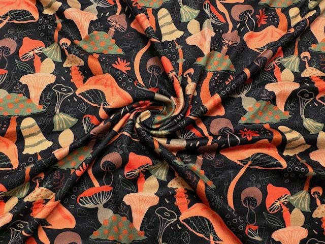 Mushrooms DBP Print #2003 Double Brushed Polyester Spandex Apparel Stretch Fabric 190 GSM 58"-60" Wide By The Yard