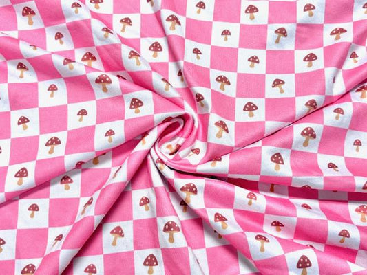 Mushroom Checkerboard DBP Print #2025 Double Brushed Polyester Spandex Apparel Stretch Fabric 190 GSM 58"-60" Wide By The Yard