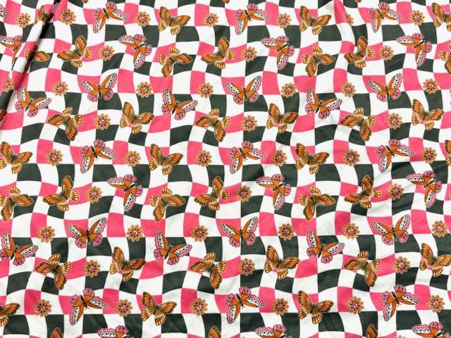Checkerboard Butterfly DBP Print #1086 Double Brushed Polyester Spandex Apparel Stretch Fabric 190 GSM 58"-60" Wide By The Yard