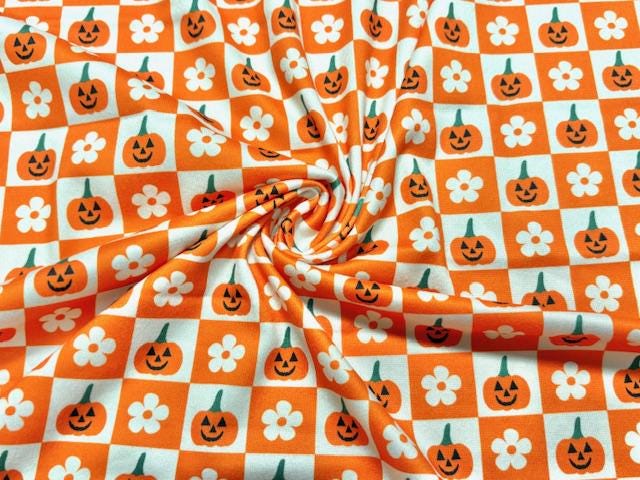 Checkerboard Pumpkin Floral DBP Print #2000 Double Brushed Polyester Spandex Apparel Stretch Fabric 190 GSM 58"-60" Wide By The Yard