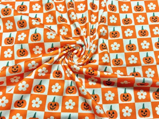 Checkerboard Pumpkin Floral DBP Print #2000 Double Brushed Polyester Spandex Apparel Stretch Fabric 190 GSM 58"-60" Wide By The Yard