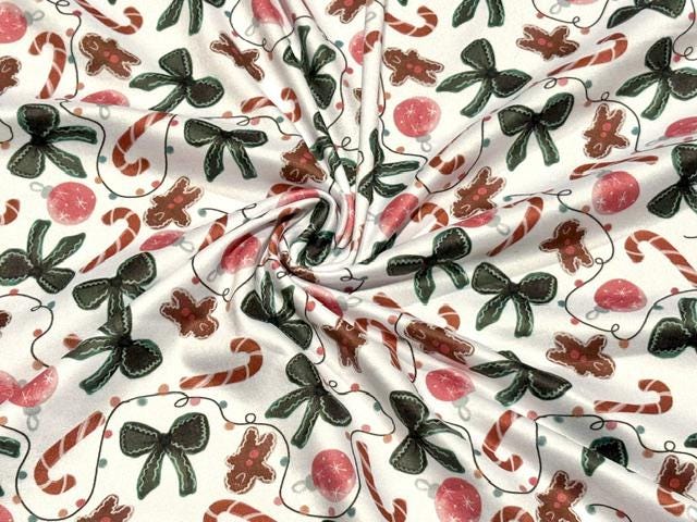 Brittany Frost Designs Xmas Bows DBP Print #2059 Double Brushed Polyester Spandex Apparel Stretch Fabric 190 GSM 58"-60" Wide By The Yard