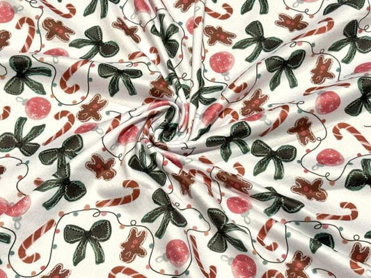 Brittany Frost Designs Xmas Bows DBP Print #2059 Double Brushed Polyester Spandex Apparel Stretch Fabric 190 GSM 58"-60" Wide By The Yard