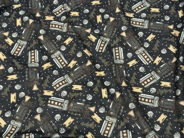 Brittany Frost Designs Xmas Trains DBP Print #2061 Double Brushed Polyester Spandex Apparel Stretch Fabric 190 GSM 58"-60" Wide By The Yard
