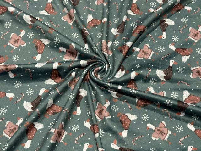 250 GSM DBP Brittany Frost Xmas Geese Print #2054 Double Brushed Polyester Spandex Apparel Stretch Fabric 58"-60" Wide By The Yard