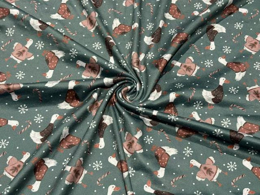 250 GSM DBP Brittany Frost Xmas Geese Print #2054 Double Brushed Polyester Spandex Apparel Stretch Fabric 58"-60" Wide By The Yard