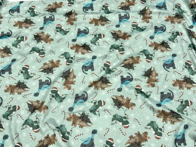 250 GSM DBP Brittany Frost Xmas Dinos Print #2055 Double Brushed Polyester Spandex Apparel Stretch Fabric 58"-60" Wide By The Yard