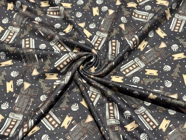 250 GSM DBP Brittany Frost Designs Xmas Trains Print #2061 Double Brushed Polyester Spandex Apparel Stretch Fabric 58"-60" Wide By The Yard