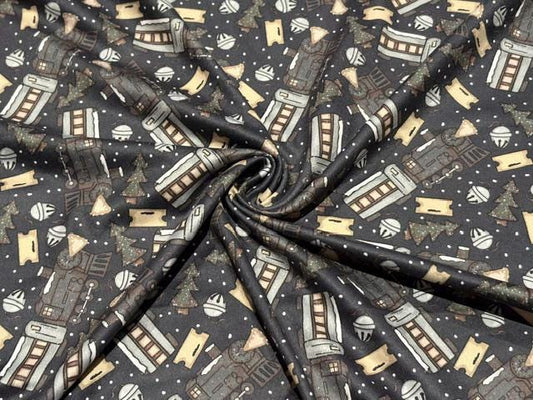 250 GSM DBP Brittany Frost Designs Xmas Trains Print #2061 Double Brushed Polyester Spandex Apparel Stretch Fabric 58"-60" Wide By The Yard