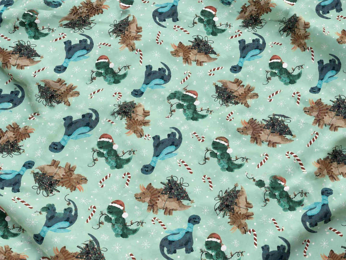 Brittany Frost Designs Xmas Dinos Super Scuba Techno Print #2055 Double Knit Stretch Fabric Poly Spandex Fabric 58"-60" Wide By The Yard