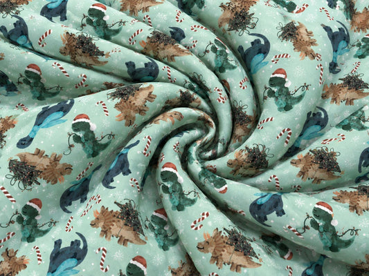 Brittany Frost Designs Xmas Dinos Super Scuba Techno Print #2055 Double Knit Stretch Fabric Poly Spandex Fabric 58"-60" Wide By The Yard
