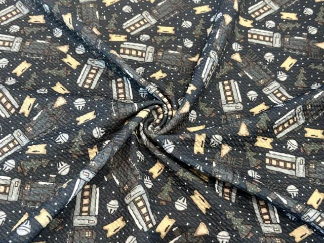 Brittany Frost Designs Xmas Trains Bullet Print #2061 Ribbed Scuba Double Knit Stretch Poly Spandex Apparel Craft Fabric 58"-60" Wide BTY