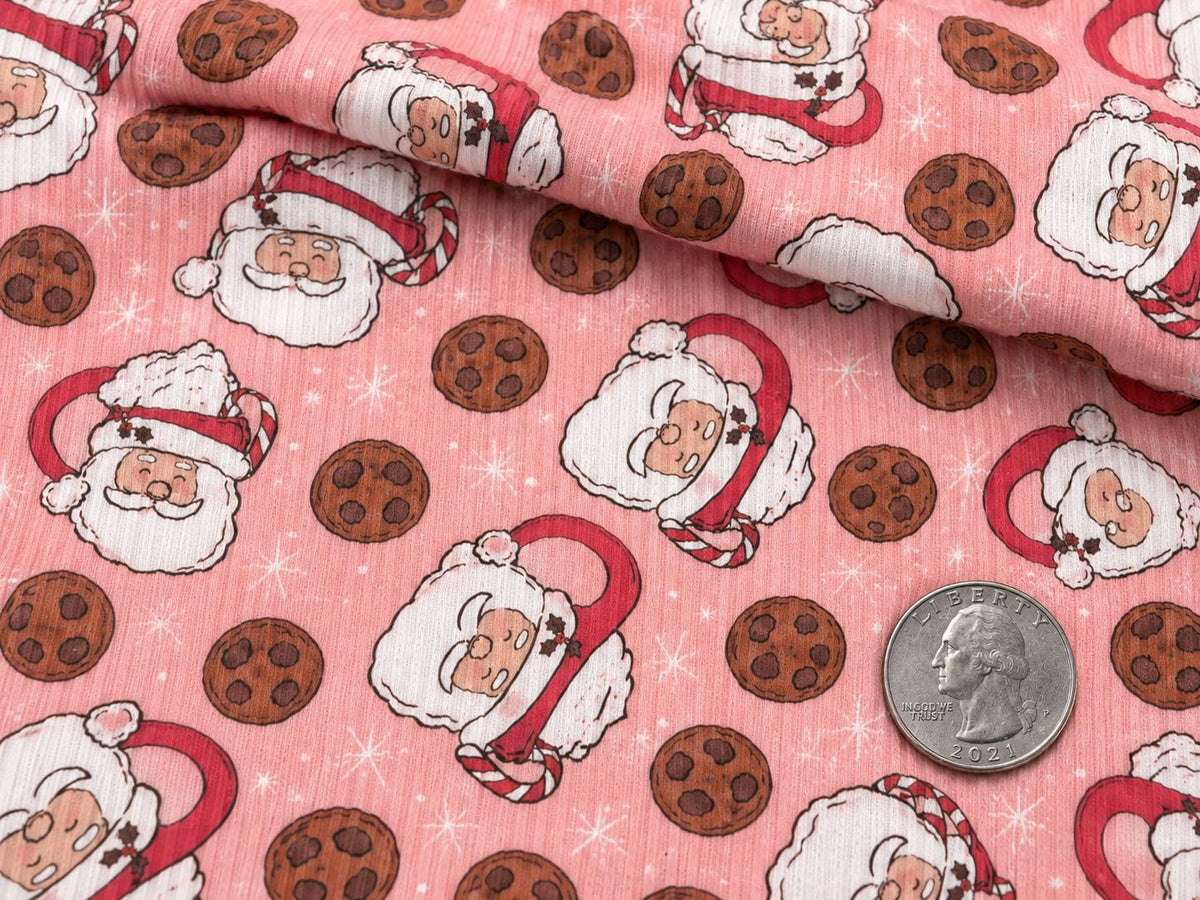 4x2 Rib Knit Brittany Frost Designs Christmas Santa Mug DBP Print #2052 Spandex Stretch 190GSM Fabric 58"-60" Wide By The Yard