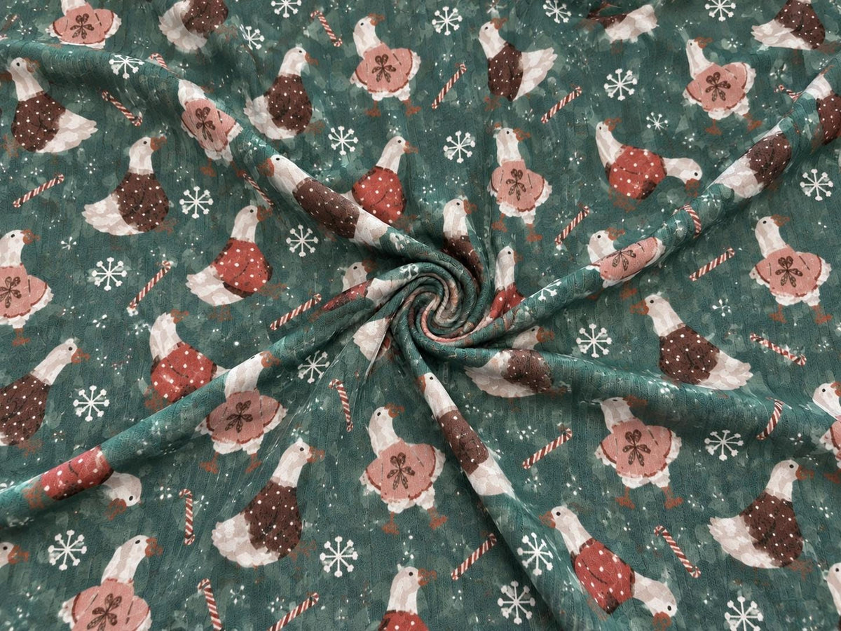 4x2 Rib Knit Brittany Frost Designs Christmas Geese DBP Print #2054 Spandex Stretch 190GSM Fabric 58"-60" Wide By The Yard