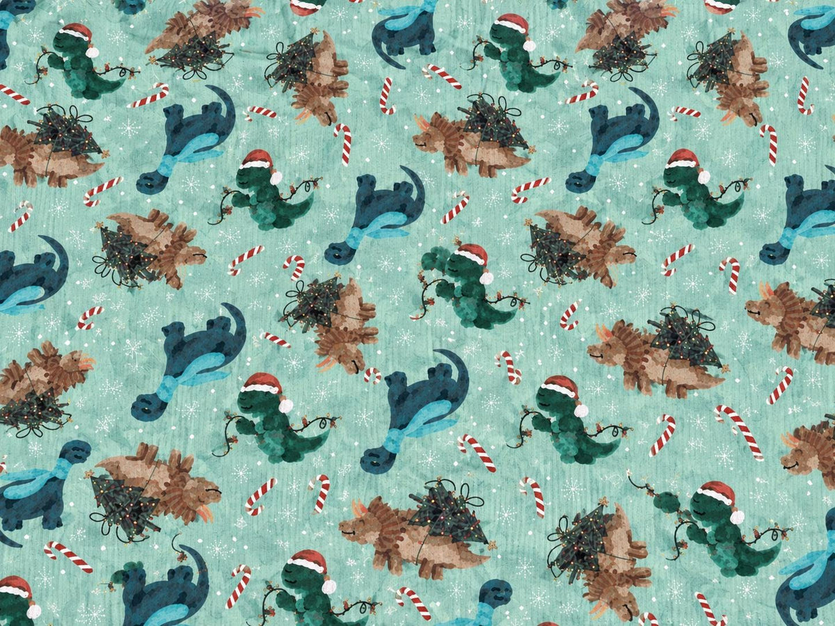 4x2 Rib Knit Brittany Frost Designs Christmas Dinos DBP Print #2055 Spandex Stretch 190GSM Fabric 58"-60" Wide By The Yard