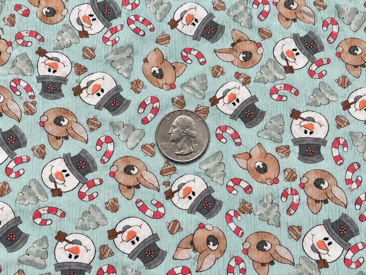 4x2 Rib Knit Brittany Frost Designs Christmas Snowman Reindeer DBP Print #2060 Spandex Stretch 190GSM Fabric 58"-60" Wide By The Yard