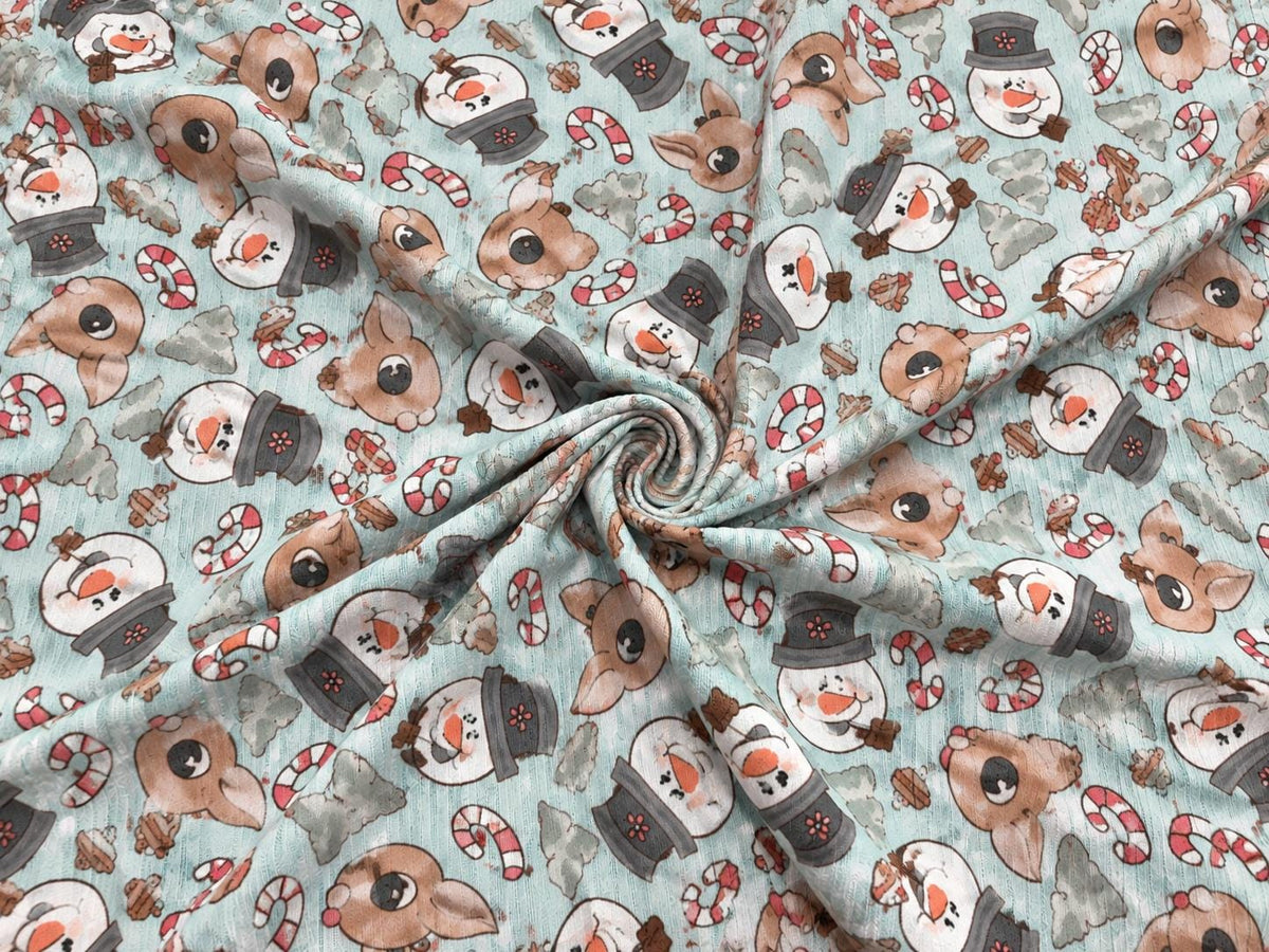 4x2 Rib Knit Brittany Frost Designs Christmas Snowman Reindeer DBP Print #2060 Spandex Stretch 190GSM Fabric 58"-60" Wide By The Yard
