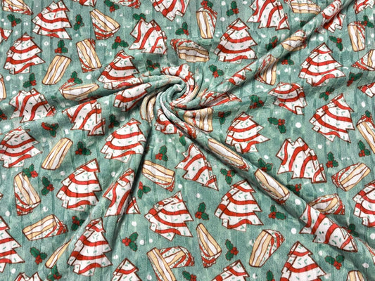 8x3 Rib Brittany Frost Designs Christmas Cake DBP Knit Print #2048 Poly Spandex Stretch 190GSM Apparel Fabric 58"-60" Wide By The Yard
