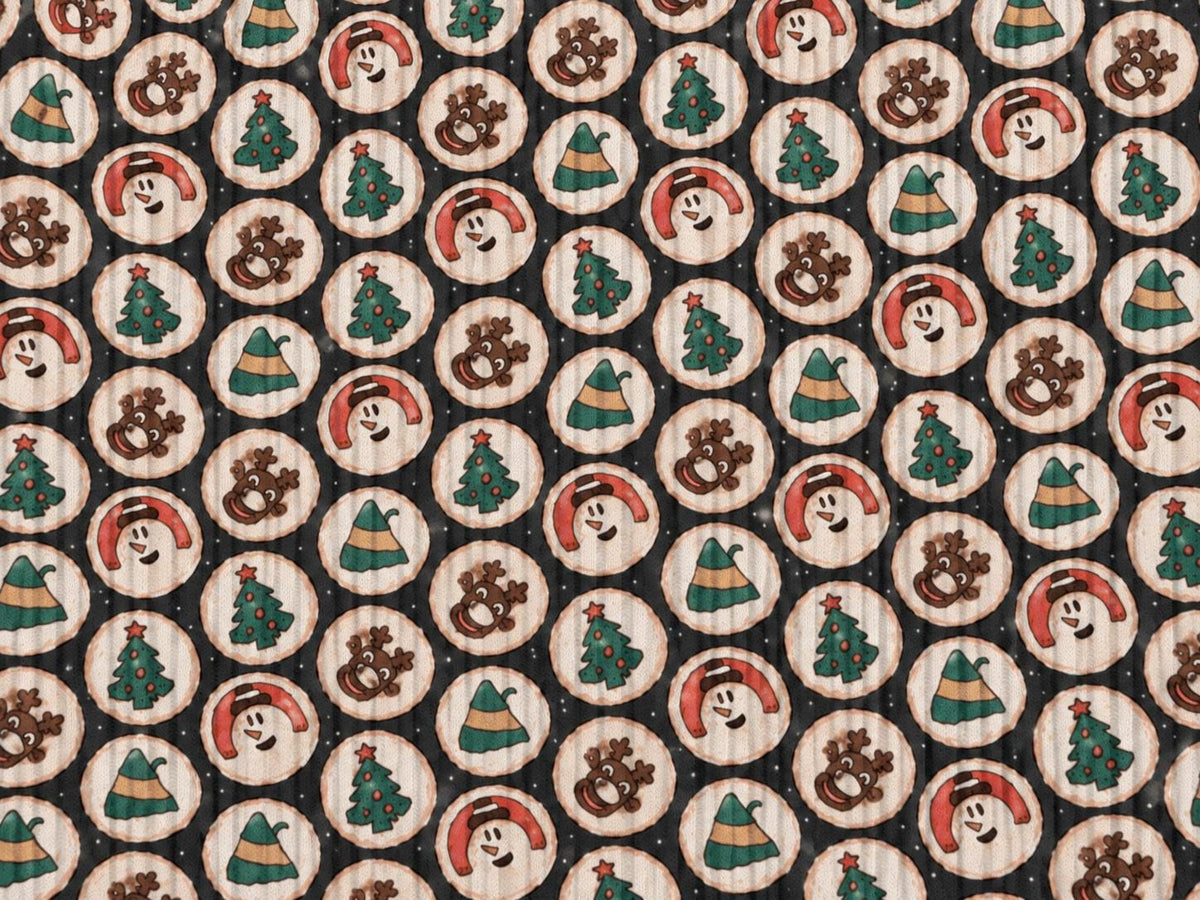 8x3 Rib Brittany Frost Designs Christmas Cookies DBP Knit Print #2049 Poly Spandex Stretch 190GSM Apparel Fabric 58"-60" Wide By The Yard