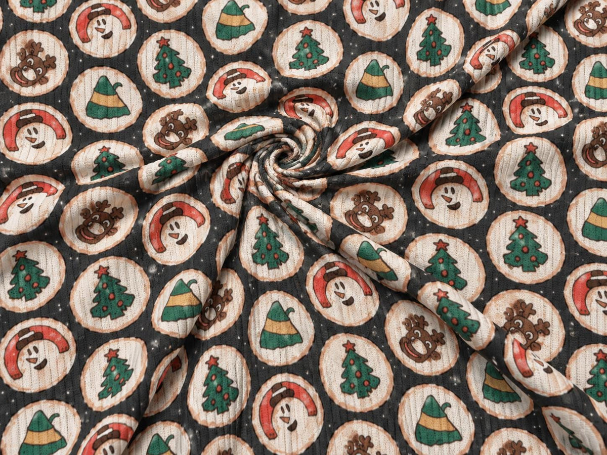 8x3 Rib Brittany Frost Designs Christmas Cookies DBP Knit Print #2049 Poly Spandex Stretch 190GSM Apparel Fabric 58"-60" Wide By The Yard