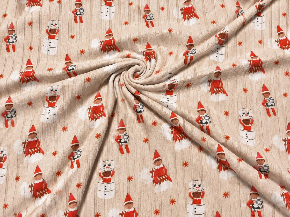 8x3 Rib Brittany Frost Designs Christmas Elf DBP Knit Print #2050 Poly Spandex Stretch 190GSM Apparel Fabric 58"-60" Wide By The Yard