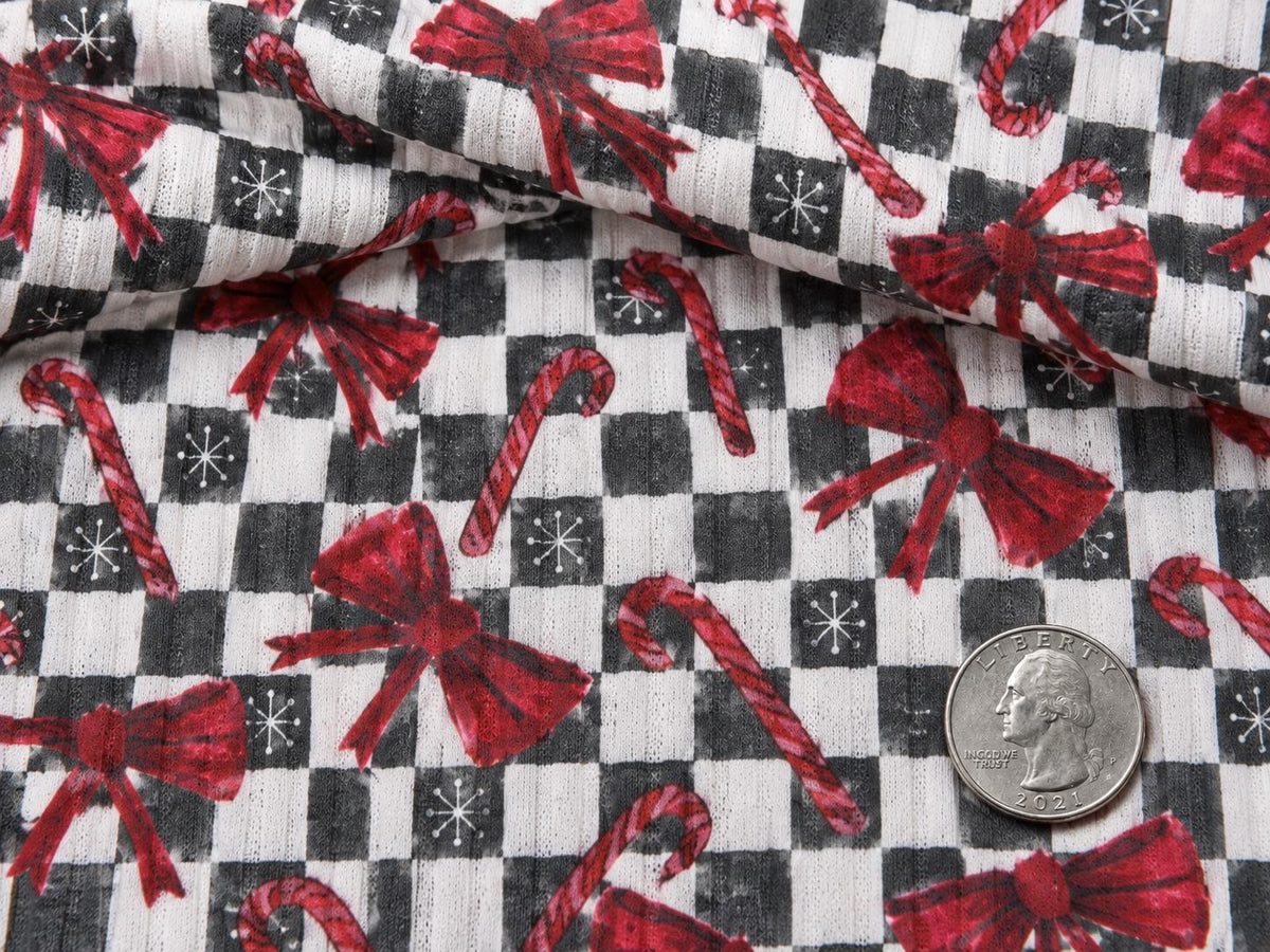 8x3 Rib Brittany Frost Designs Christmas Check Bow DBP Knit Print #2051 Poly Spandex Stretch 190GSM Apparel Fabric 58"-60" Wide By The Yard