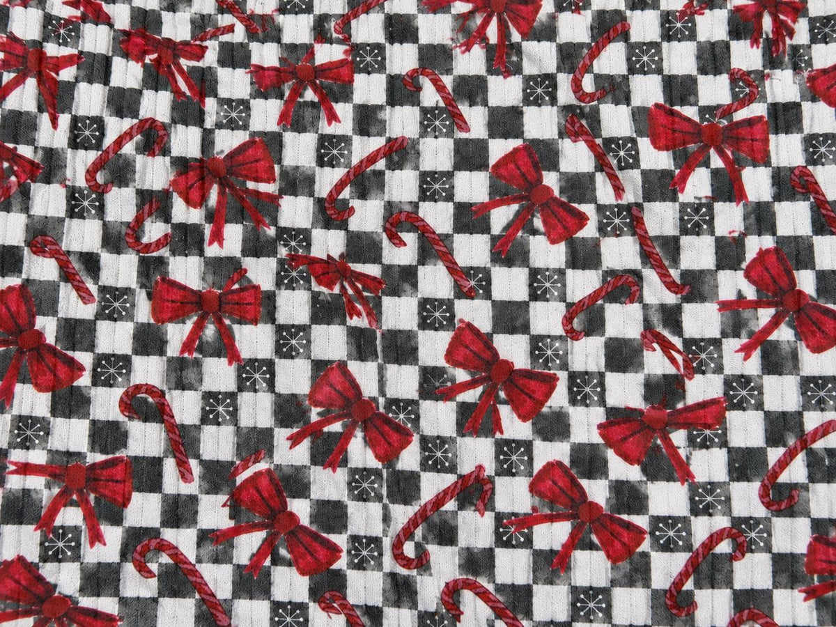 8x3 Rib Brittany Frost Designs Christmas Check Bow DBP Knit Print #2051 Poly Spandex Stretch 190GSM Apparel Fabric 58"-60" Wide By The Yard