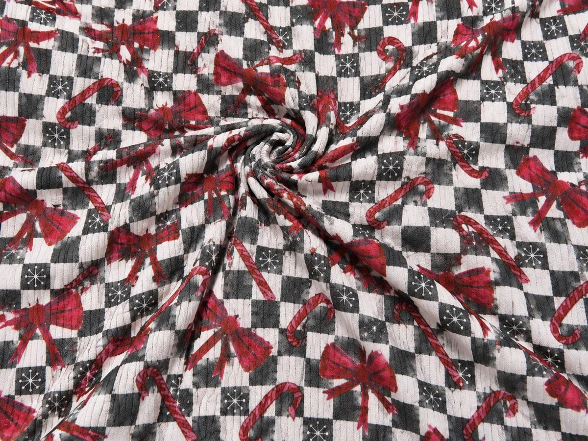 8x3 Rib Brittany Frost Designs Christmas Check Bow DBP Knit Print #2051 Poly Spandex Stretch 190GSM Apparel Fabric 58"-60" Wide By The Yard