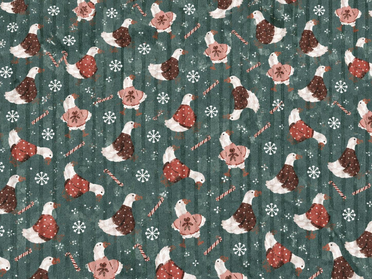 8x3 Rib Brittany Frost Designs Christmas Geese DBP Knit Print #2054 Poly Spandex Stretch 190GSM Apparel Fabric 58"-60" Wide By The Yard