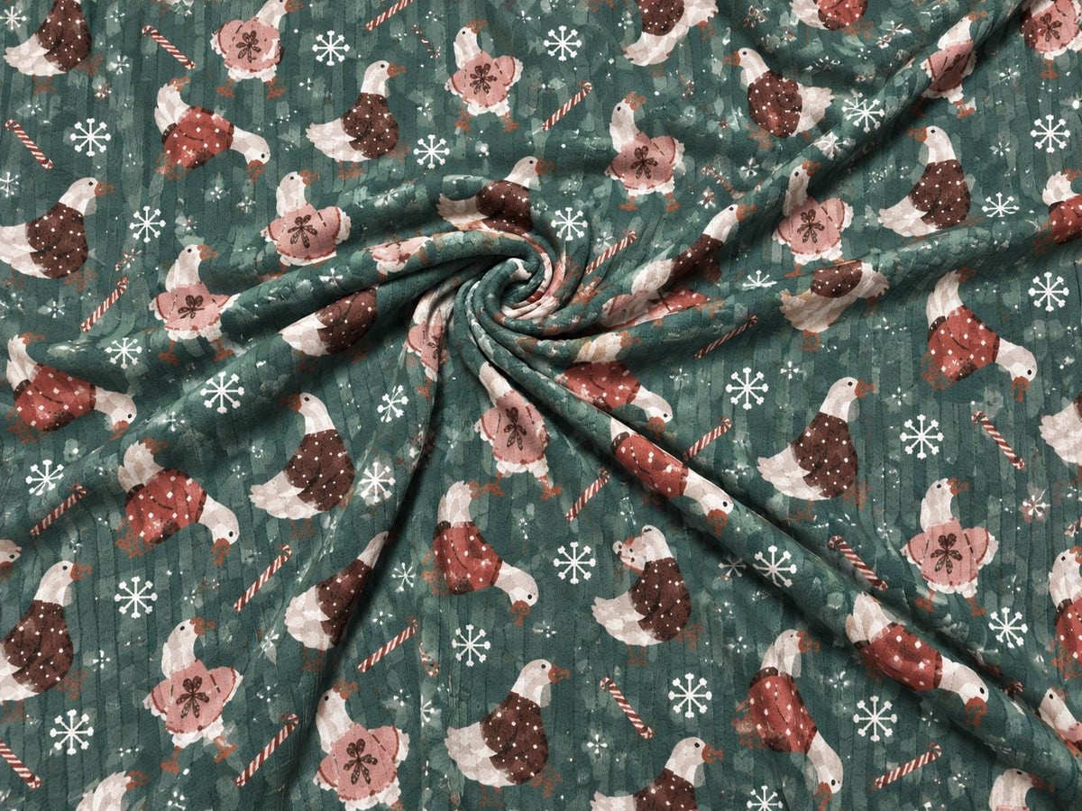 8x3 Rib Brittany Frost Designs Christmas Geese DBP Knit Print #2054 Poly Spandex Stretch 190GSM Apparel Fabric 58"-60" Wide By The Yard