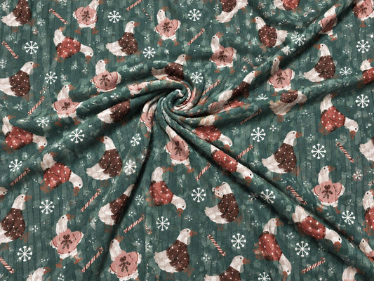 8x3 Rib Brittany Frost Designs Christmas Geese DBP Knit Print #2054 Poly Spandex Stretch 190GSM Apparel Fabric 58"-60" Wide By The Yard