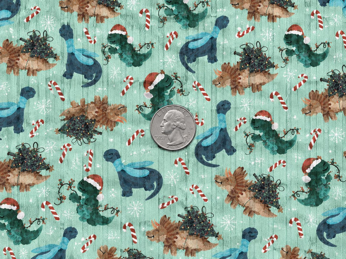 8x3 Rib Brittany Frost Designs Christmas Dino DBP Knit Print #2055 Poly Spandex Stretch 190GSM Apparel Fabric 58"-60" Wide By The Yard