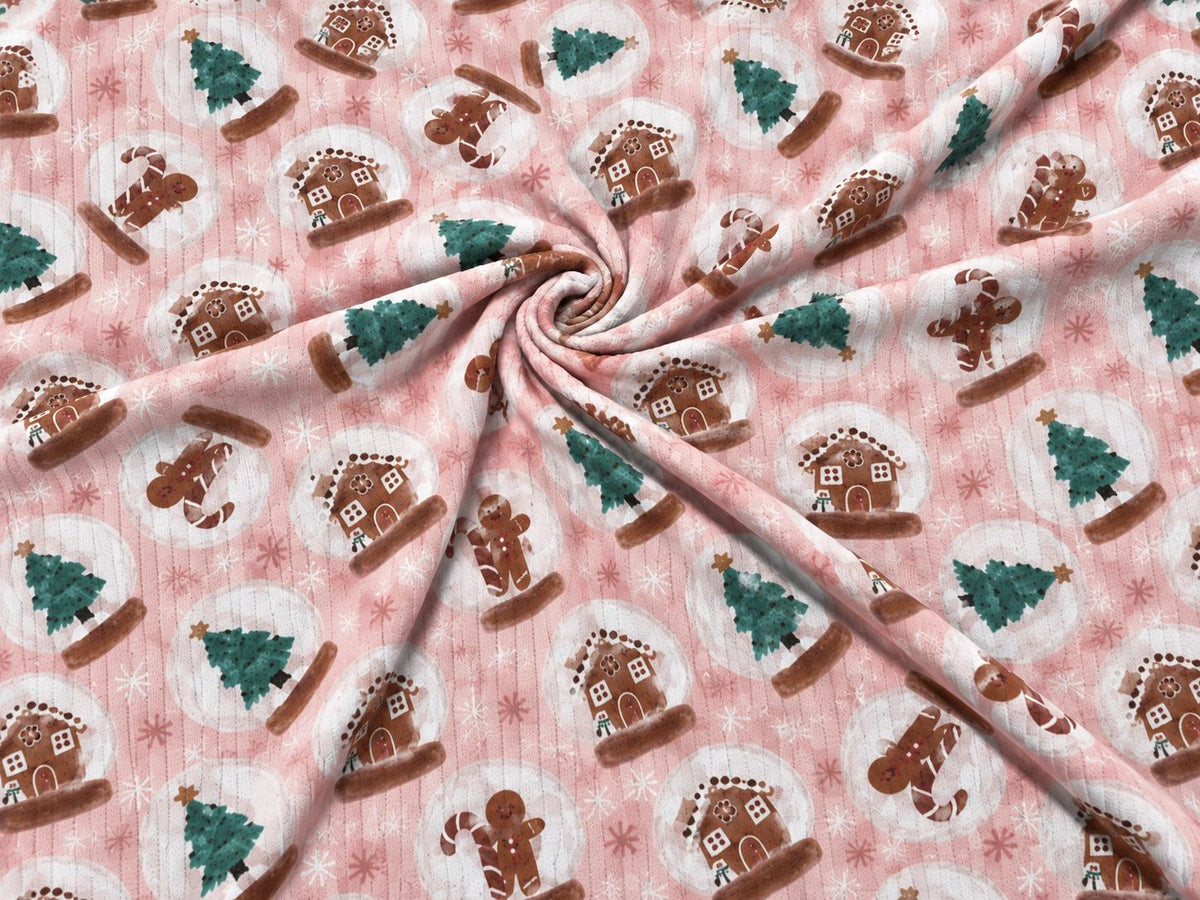 8x3 Rib Brittany Frost Designs Christmas Snow Globe DBP Knit Print #2057 Poly Spandex Stretch 190GSM Apparel Fabric 58"-60" Wide By The Yard