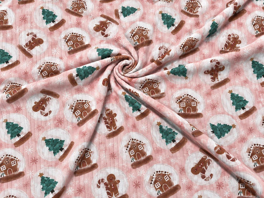 8x3 Rib Brittany Frost Designs Christmas Snow Globe DBP Knit Print #2057 Poly Spandex Stretch 190GSM Apparel Fabric 58"-60" Wide By The Yard
