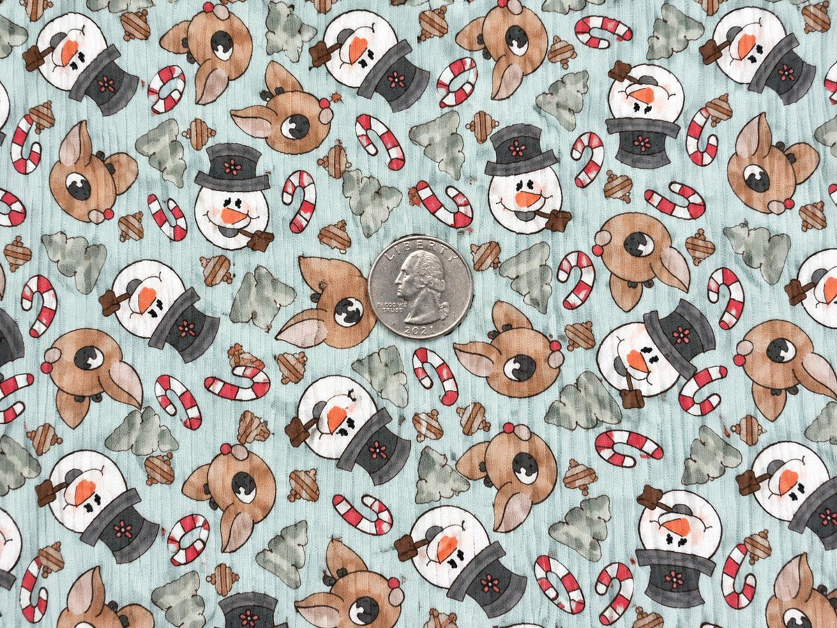 8x3 Rib Brittany Frost Designs Reindeer Snowman DBP Knit Print #2060 Poly Spandex Stretch 190GSM Apparel Fabric 58"-60" Wide By The Yard