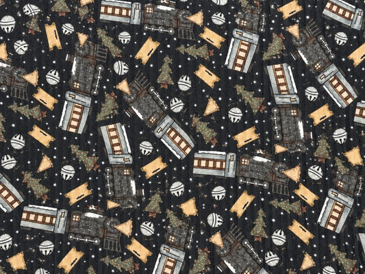 8x3 Rib Brittany Frost Designs Christmas Trains DBP Knit Print #2061 Poly Spandex Stretch 190GSM Apparel Fabric 58"-60" Wide By The Yard