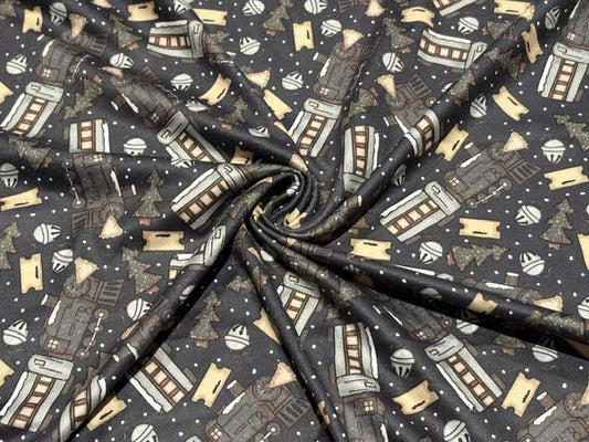 Brittany Frost Designs Xmas Trains DBP Print #2061 Double Brushed Polyester Spandex Apparel Stretch Fabric 190 GSM 58"-60" Wide By The Yard