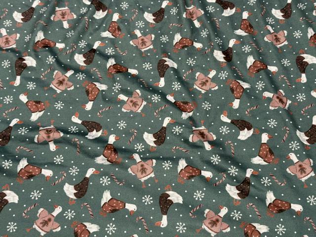 250 GSM DBP Brittany Frost Xmas Geese Print #2054 Double Brushed Polyester Spandex Apparel Stretch Fabric 58"-60" Wide By The Yard
