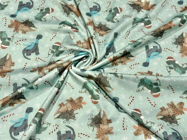 250 GSM DBP Brittany Frost Xmas Dinos Print #2055 Double Brushed Polyester Spandex Apparel Stretch Fabric 58"-60" Wide By The Yard