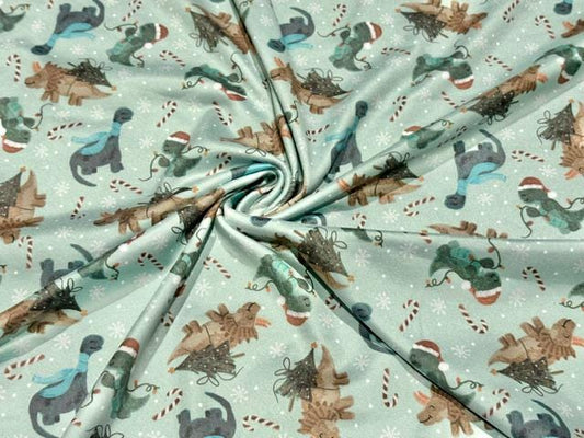 250 GSM DBP Brittany Frost Xmas Dinos Print #2055 Double Brushed Polyester Spandex Apparel Stretch Fabric 58"-60" Wide By The Yard